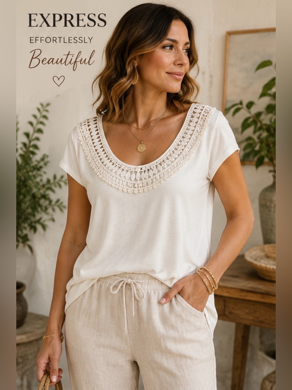 NWT Express Ivory Crochet Neck Draped Back Top Size L Boho Coastal